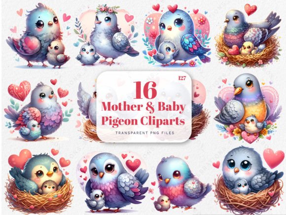 Charming Pigeon Mom & Baby Clipart for Mother's Day Projects