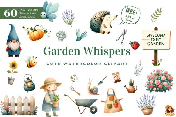 Cute Garden Whispers Watercolor Clipart for Natural Charm