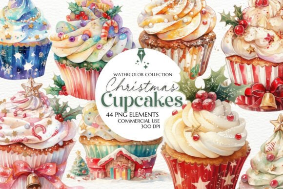 Sweeten Your Holiday Designs with Christmas Cupcakes Clipart Watercolor
