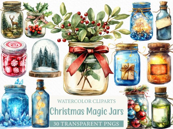 Watercolor Christmas Magic Jars Clipart: Festive Design Assets
