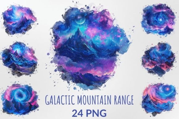 Watercolor Galactic Mountain Range: Cosmic Design Assets