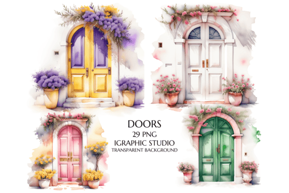 Watercolor Mediterranean Door Clipart: 29 Artistic Digital Assets