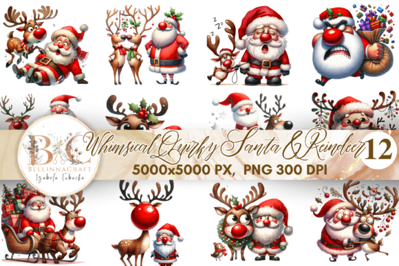 Whimsical Quirky Santa and Reindeer PNG: Holiday Design Magic